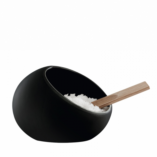 Salzschale aus Porzellan schwarz mit Eichenlöffel von ROSENDAHL
