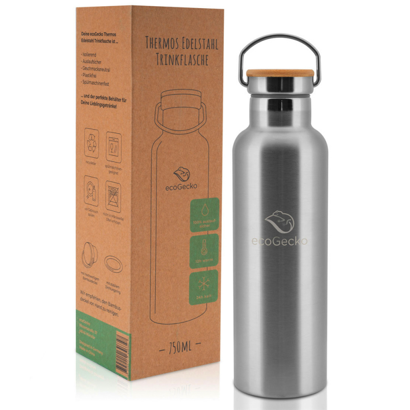 Thermosflasche 750 ml mit Bambusdeckel aus Edelstahl von ECOGECKO
